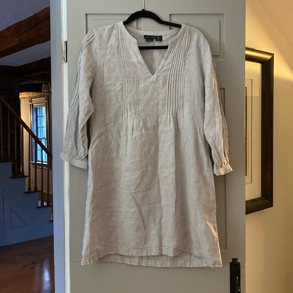 Tahari Linen Long Sleeve Split Neck Pleated Cross Dye Dress